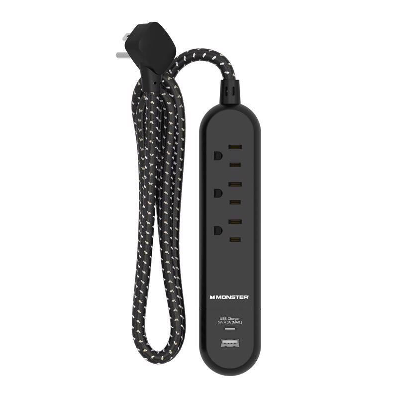 POWER STRP 3OUT 1USB BLK