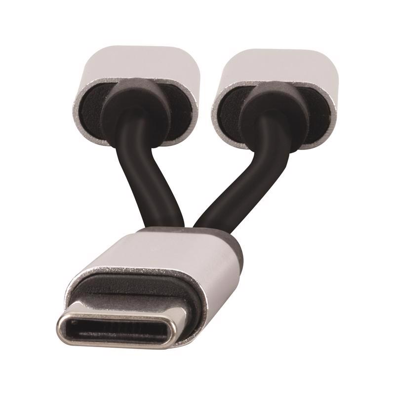 Fabcordz Black/Silver Dual Female Splitter Adapter USB-C Cable For Universal