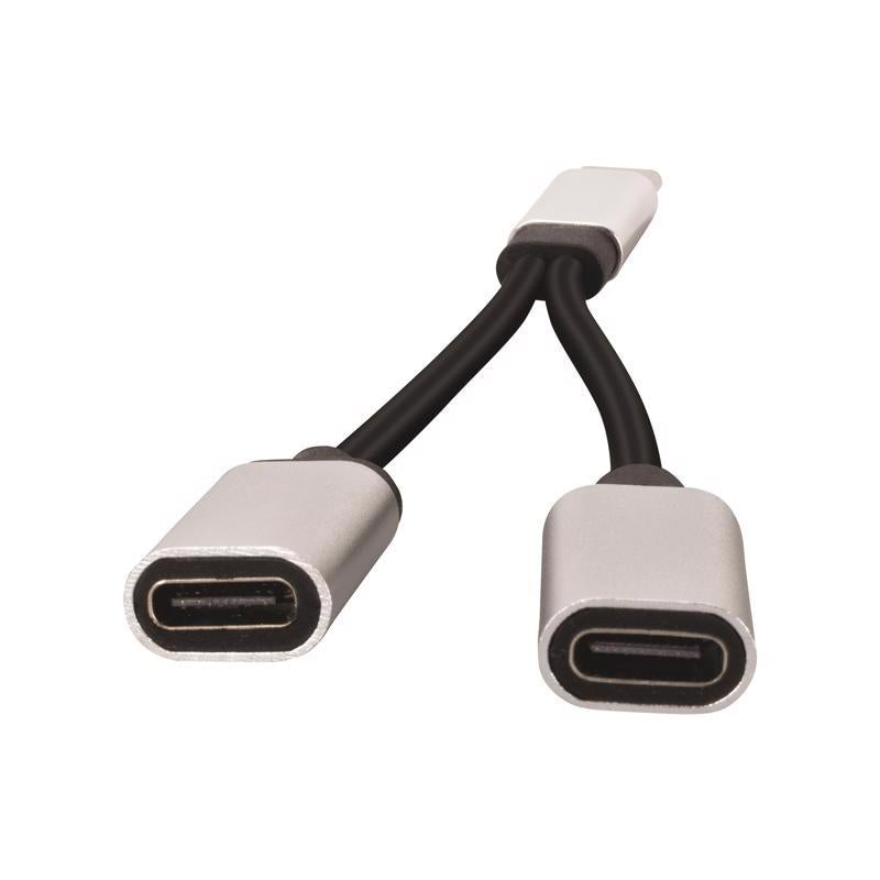 Fabcordz Black/Silver Dual Female Splitter Adapter USB-C Cable For Universal