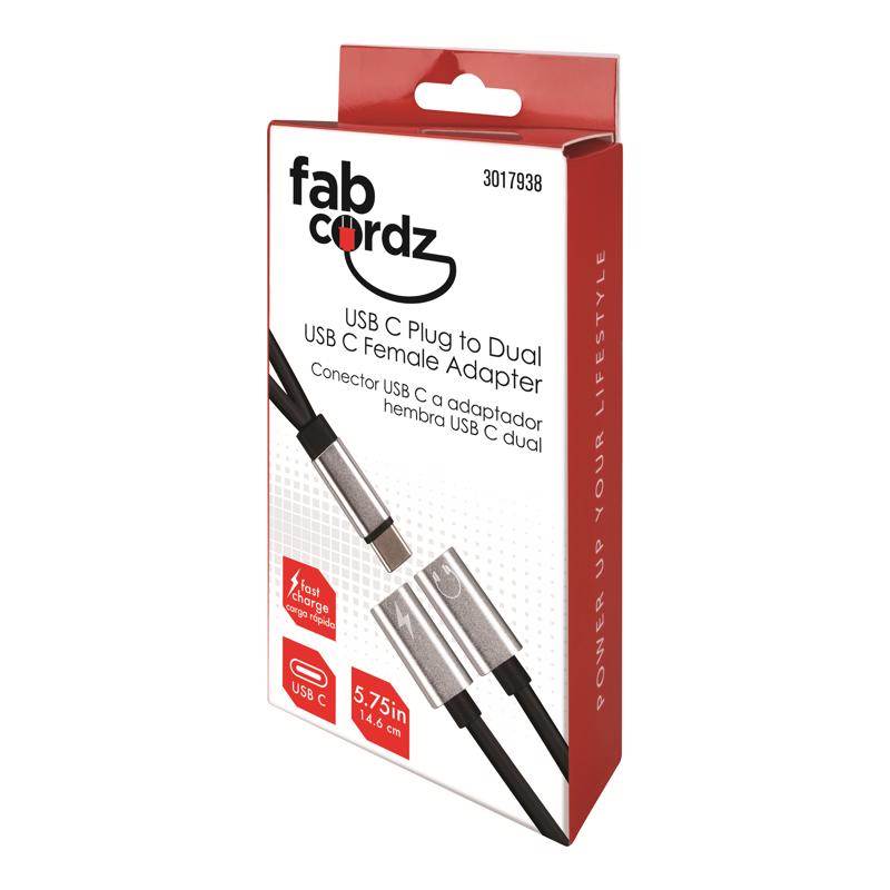 Fabcordz Black/Silver Dual Female Splitter Adapter USB-C Cable For Universal