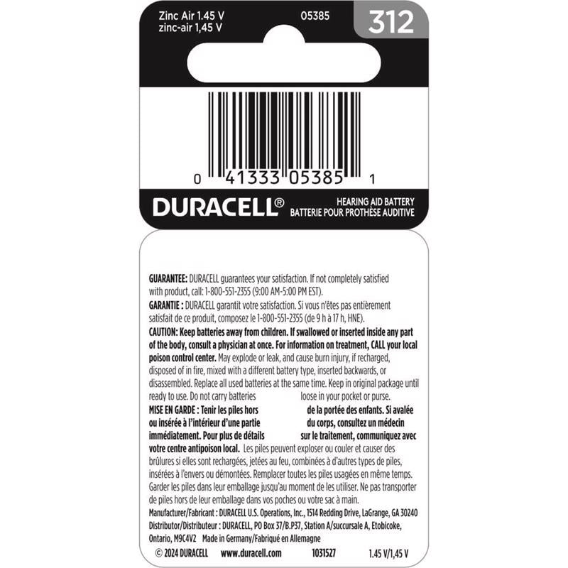 Duracell Zinc Air 312 1.5 V Hearing Aid Battery 8 pk