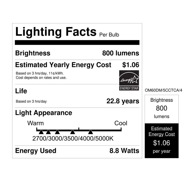 Feit A19 E26 (Medium) LED Bulb Adjustable White 60 Watt Equivalence 4 pk