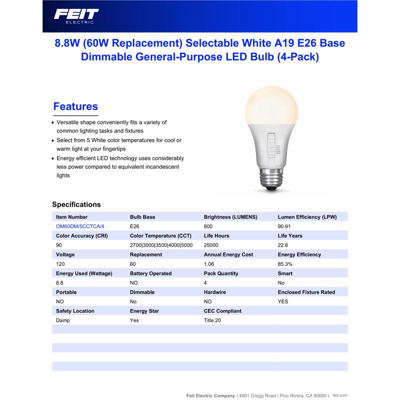 Feit A19 E26 (Medium) LED Bulb Adjustable White 60 Watt Equivalence 4 pk