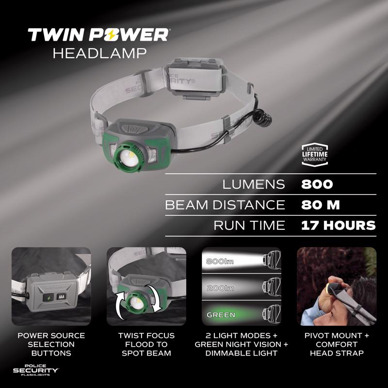 Police Security 550 lm Gray/Green LED Head Lamp AAA Battery