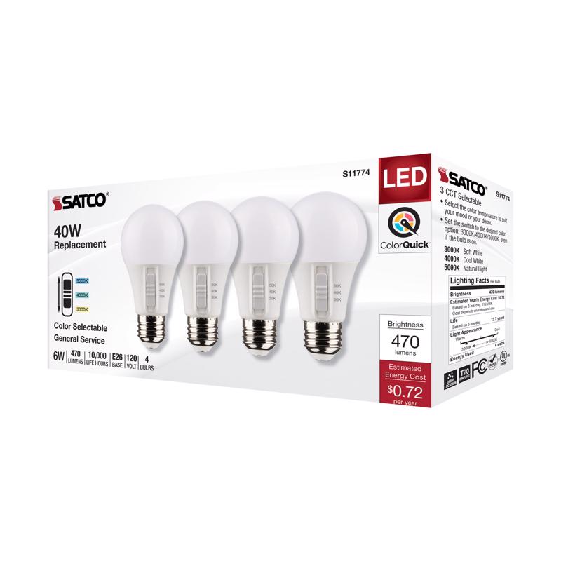Satco A19 E26 (Medium) LED Bulb Tunable White/Color Changing 40 Watt Equivalence 4 pk