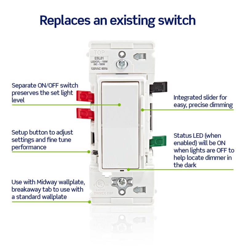 Leviton Lever Edge White Rocker Dimmer Switch 1 pk