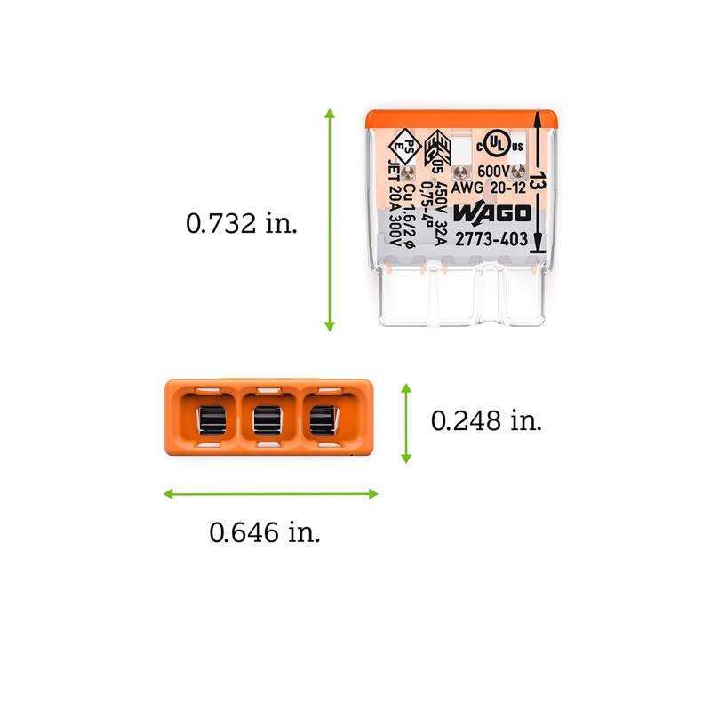 Wago 3 Port Push-In Wire Connector 10 pk