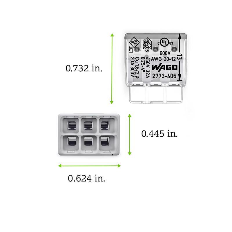 Wago 6 Port Push-In Wire Connector 5 pk