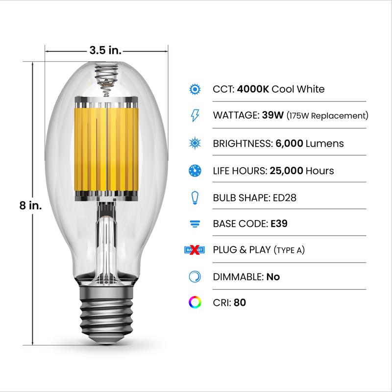 Feit 175 W ED28 HID Bulb 6000 lm Cool White High Lumen 1 pk