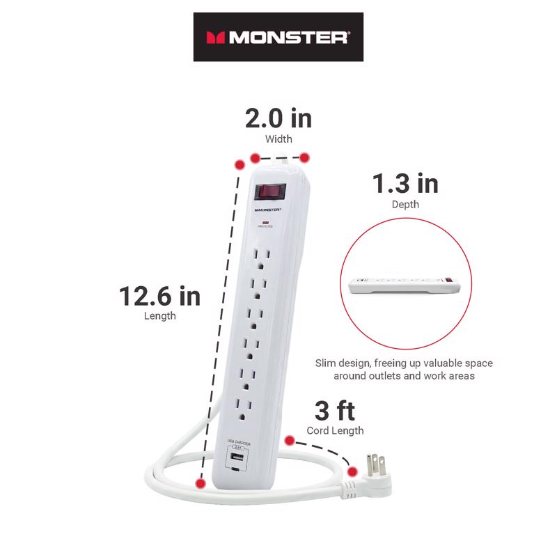 Monster Just Power It Up 3 ft. L 6 outlets Surge Protector w/USB White 1080 J