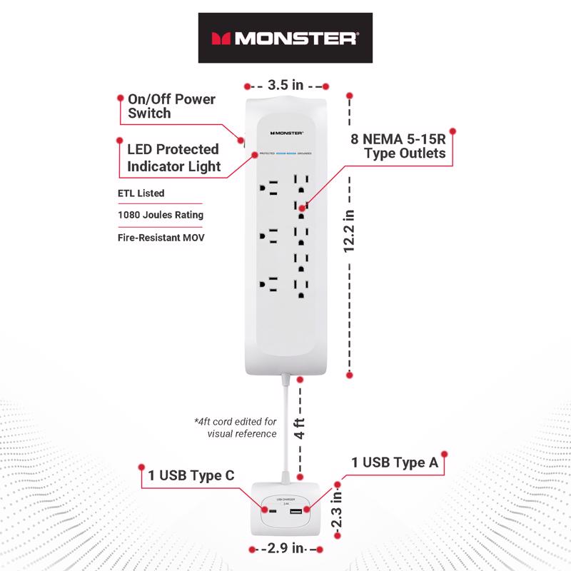 Monster Just Power It Up 4 ft. L 8 outlets Surge Protector w/USB White 1080 J