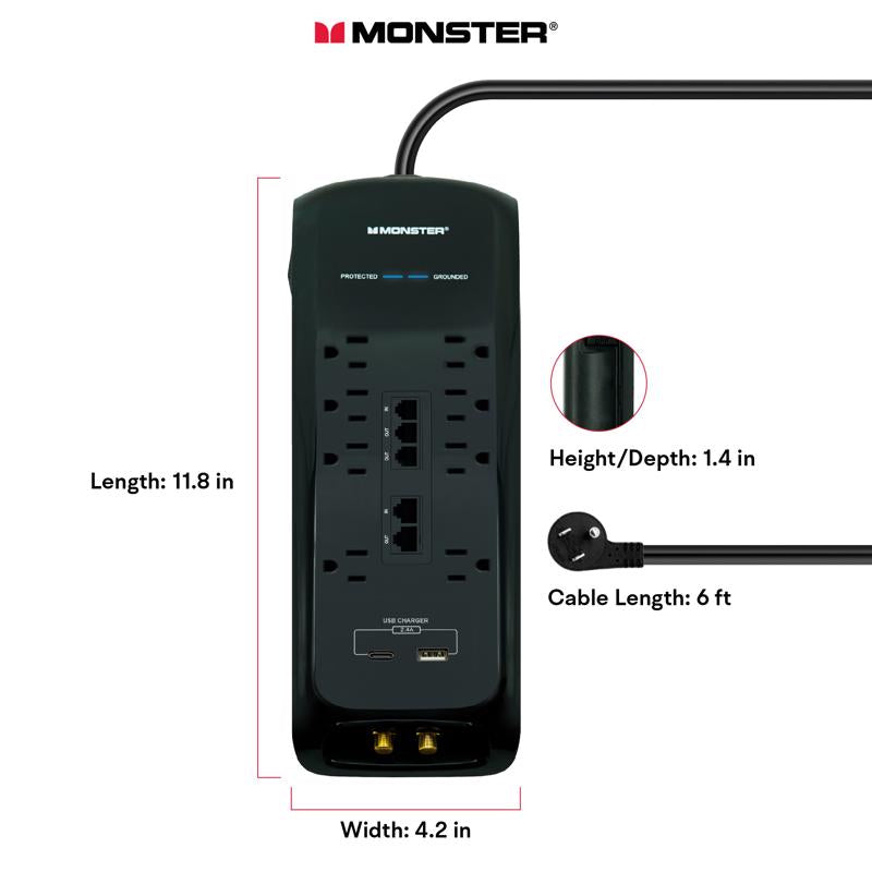 Monster Just Power It Up 6 ft. L 8 outlets Surge Protector w/USB Black 2160 J