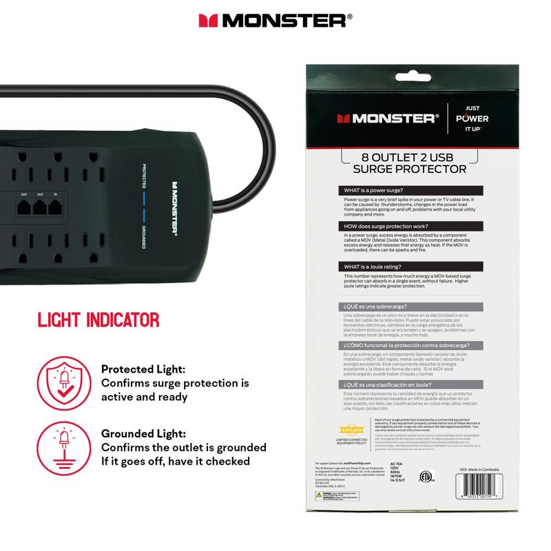 Monster Just Power It Up 6 ft. L 8 outlets Surge Protector w/USB Black 2160 J