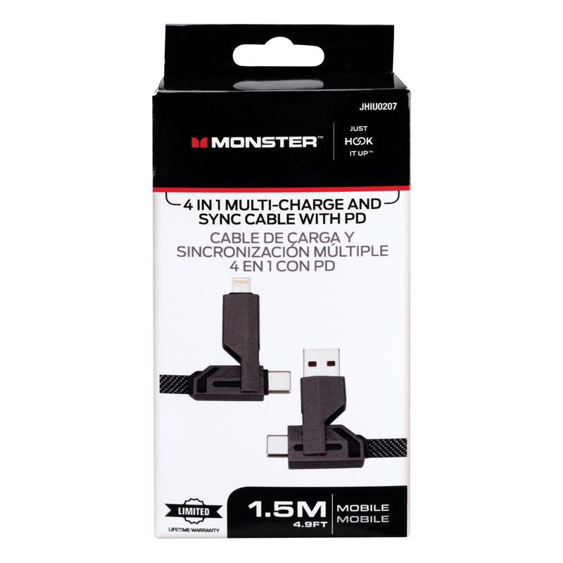 Monster Just Hook It Up USB 4-in-1 Multi-Charge & Sync Cable 4.9 ft. Black/Gray