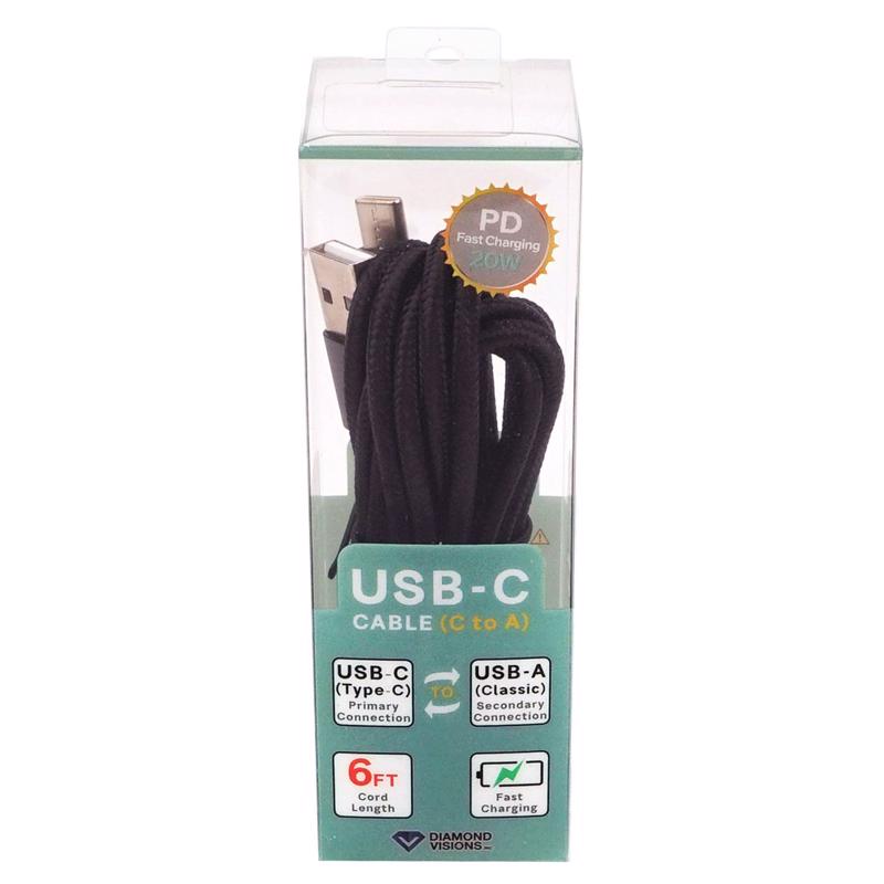 Diamond Visions Assorted Braided Cord USB-A to USB-C Cable For All Smartphones 6 ft. L