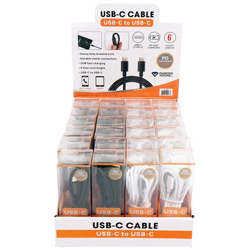 Diamond Visions Assorted Braided Cord USB-C to USB-C Cable For All Smartphones 6 ft. L