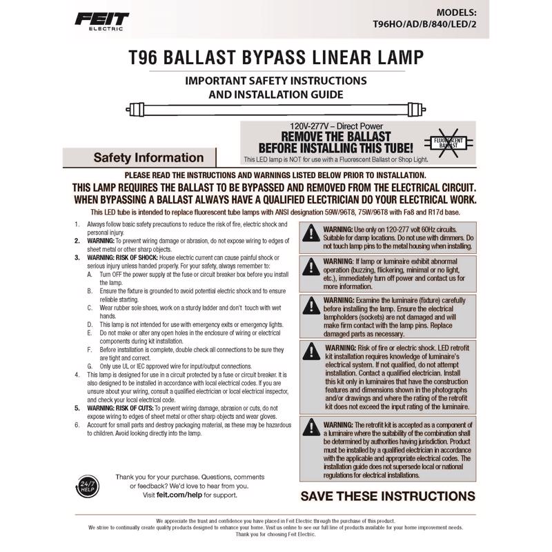 Feit Electric Linear Daylight 96 in. G13 T8 LED Tube Light 40 Watt Equivalence 2 pk