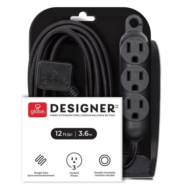 Globe Electric Indoor 12 ft. L Black Triple Outlet Cord 16/3