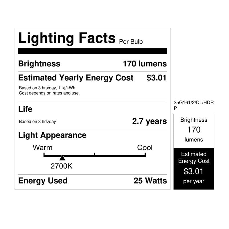Feit Electric 25 W G16.5 Globe Incandescent Bulb E12 (Candelabra) Soft White 2 pk
