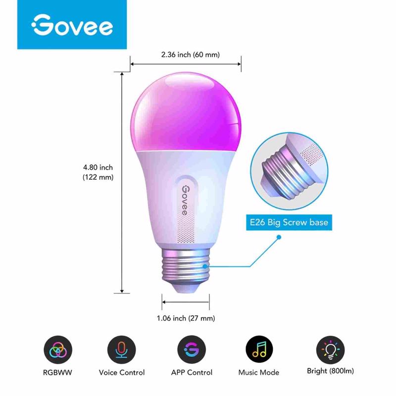 Govee A19 E26 (Medium) Smart-Enabled LED Bulb Color Changing 60 Watt Equivalence 4 pk