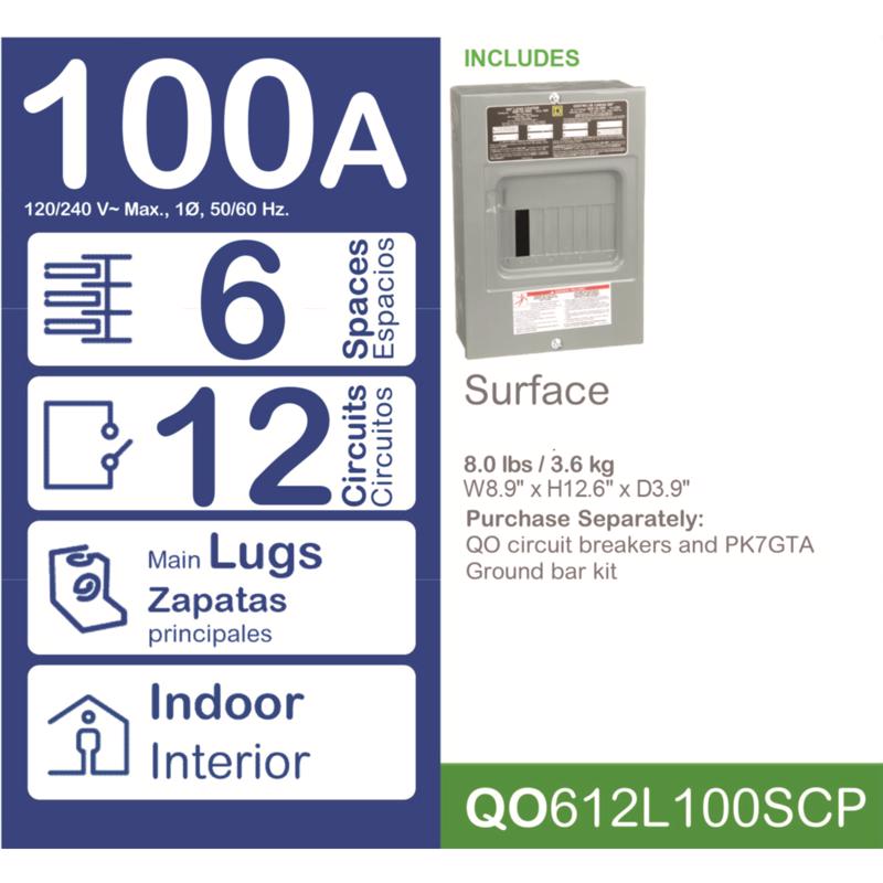 Square D QO 100 amps 120/240 V 6 space 12 circuits Combination Mount Main Lug Load Center