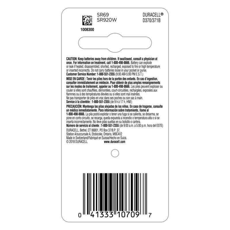 Duracell Silver Oxide 370/371 1.5 V 40 mAh Button Cell Battery 1 pk