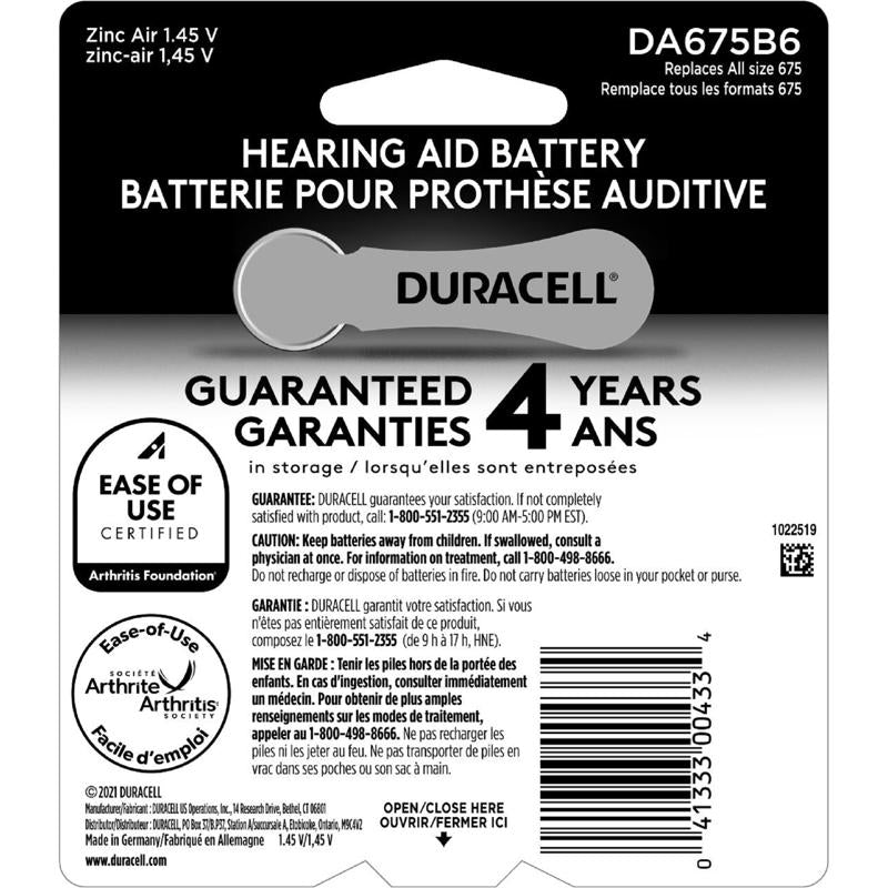 Duracell Zinc Air 675 1.4 V 625 mAh Hearing Aid Battery 6 pk