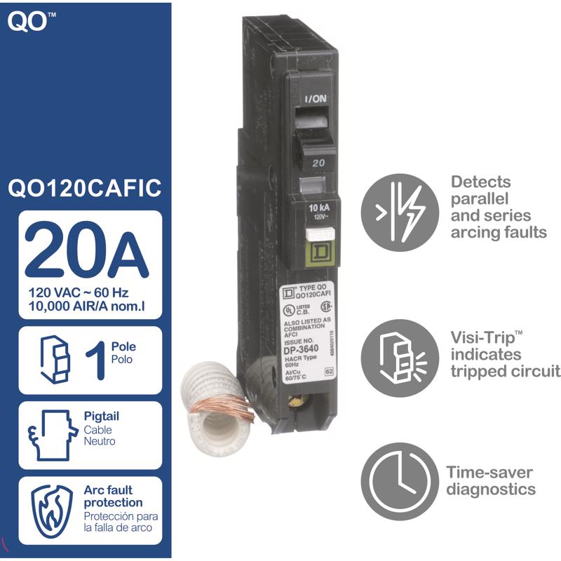 Square D QO 20 amps Arc Fault/Plug In Single Pole Circuit Breaker