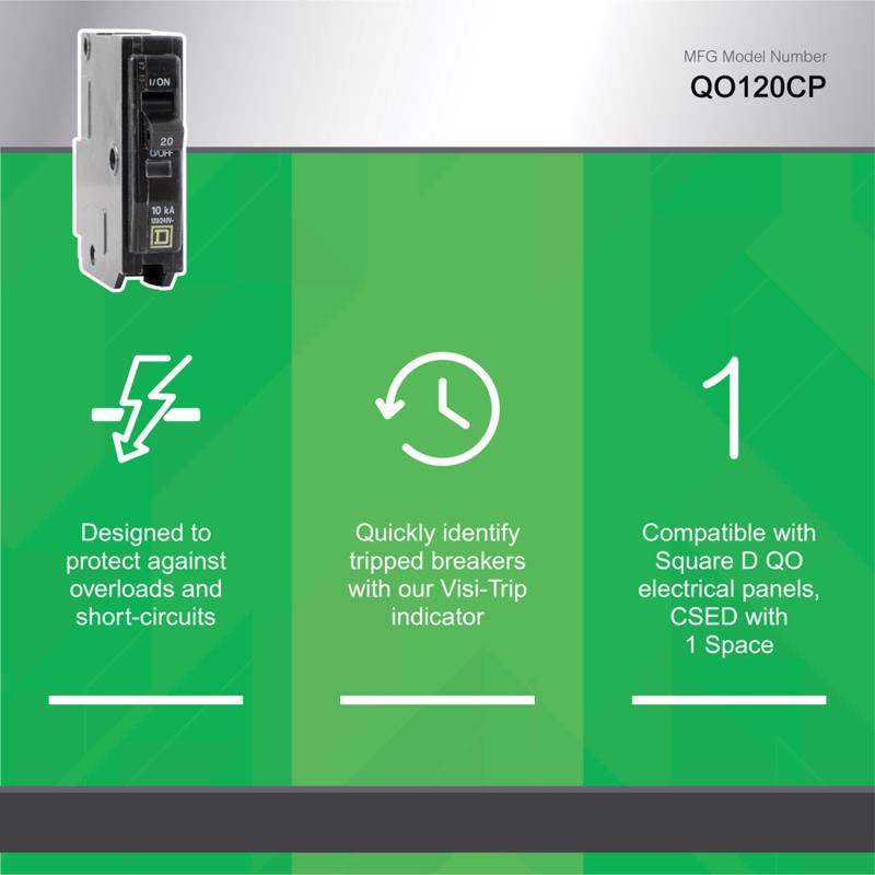 Square D QO 20 amps Plug In Single Pole Circuit Breaker