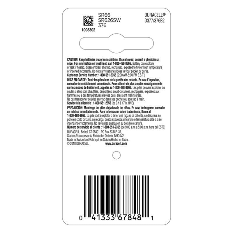 Duracell Silver Oxide 376/377 1.5 V 0.02 mAh Electronic/Watch Battery 2 pk