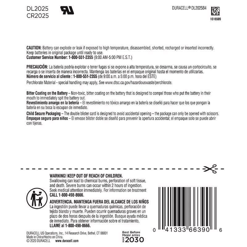 Duracell Lithium Coin 2025 3 V Electronic/Watch Battery 4 pk