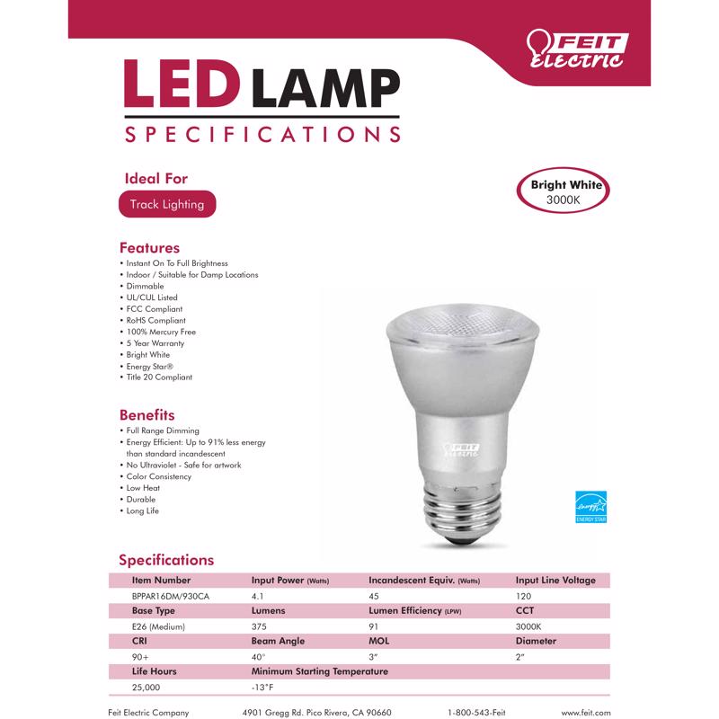 Feit Enhance PAR16 E26 (Medium) LED Bulb Bright White 45 Watt Equivalence 1 pk
