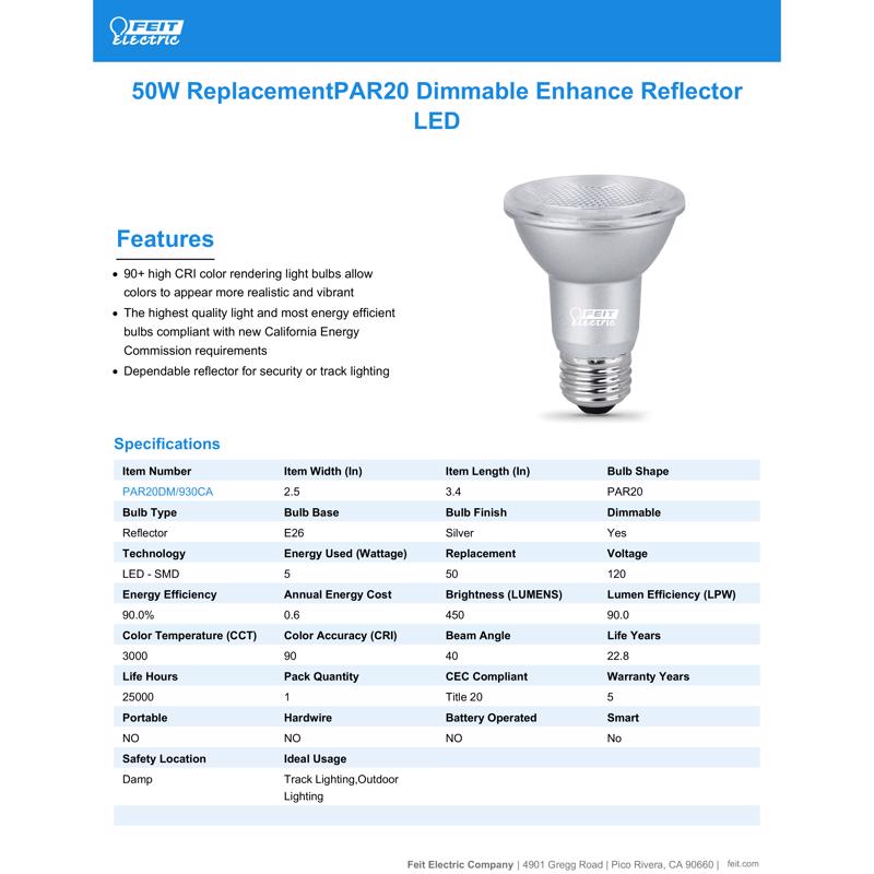 Feit PAR20 E26 (Medium) LED Bulb Bright White 50 Watt Equivalence 1 pk