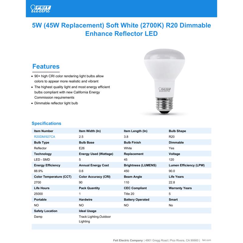 Feit R20 E26 (Medium) LED Bulb Soft White 45 Watt Equivalence 1 pk