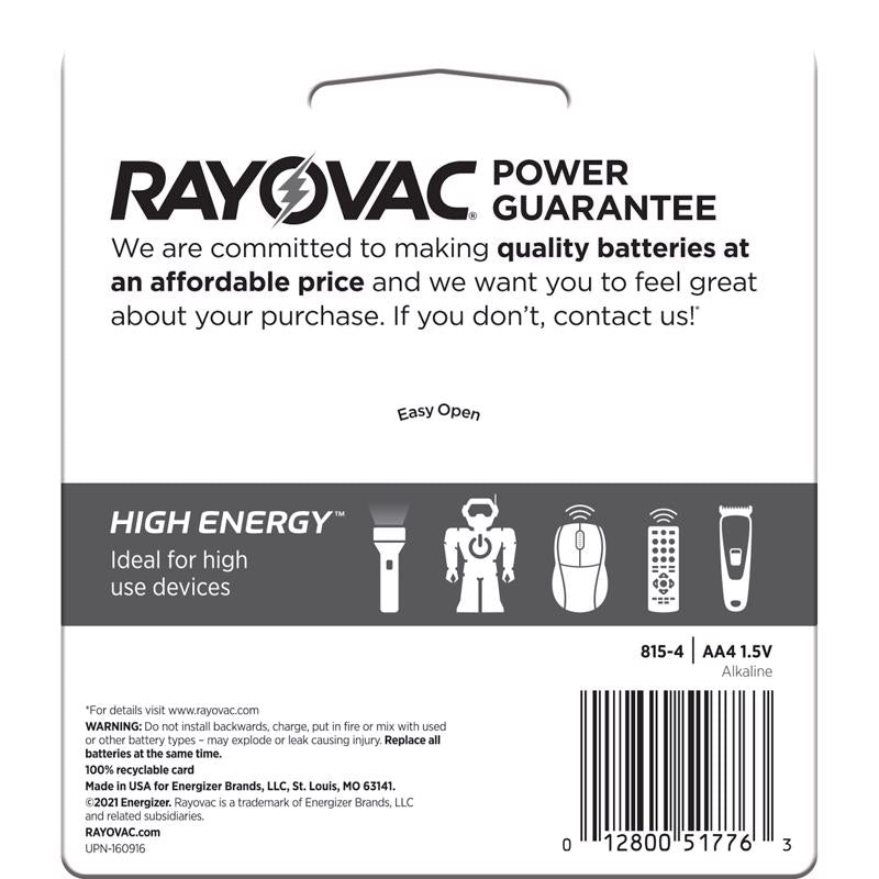 Rayovac High Energy AA Alkaline Batteries 4 pk Carded