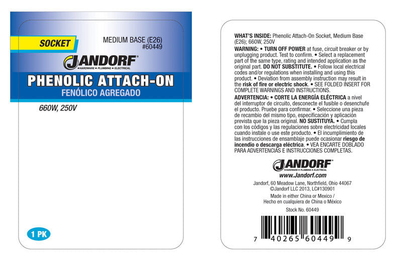 Jandorf Phenolic Medium Base Attach On Socket 1 pk