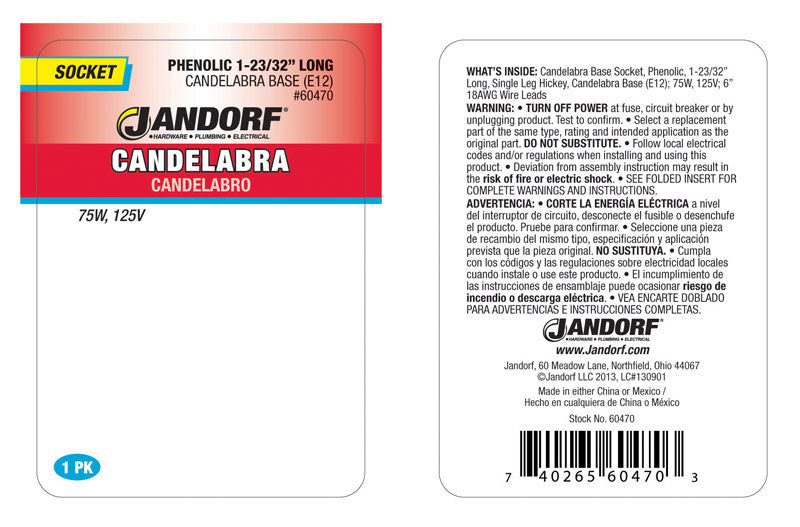 Jandorf Phenolic Candelabra Base Socket w/Single Leg Hickey 1 pk