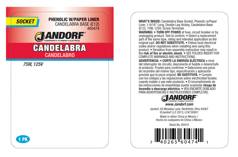 Jandorf Phenolic Candelabra Base Socket w/Paper Lining 1 pk