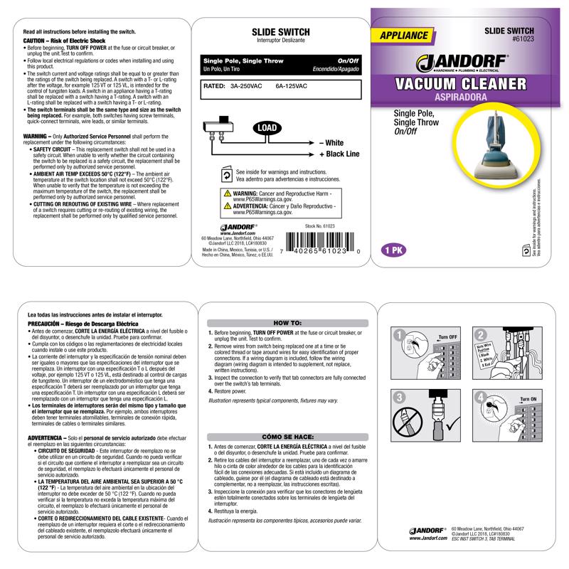 Jandorf 6 amps Single Pole Slide Appliance Switch Black/Silver 1 pk