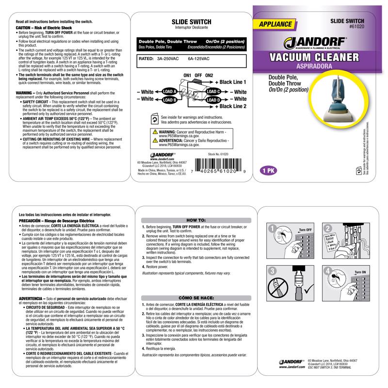 Jandorf 6 amps Double Pole Slide Appliance Switch Black/Silver 1 pk