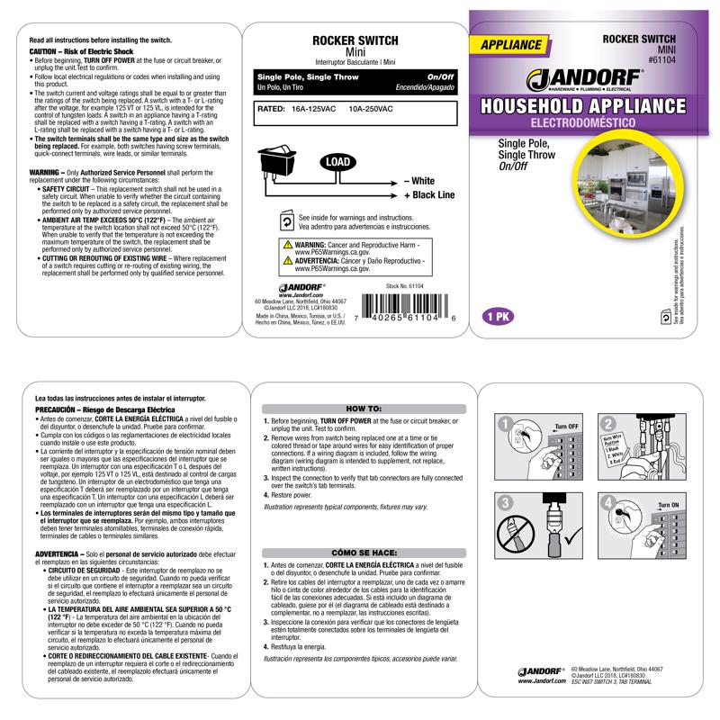 Jandorf 16 amps Single Pole Rocker Appliance Switch Black 1 pk