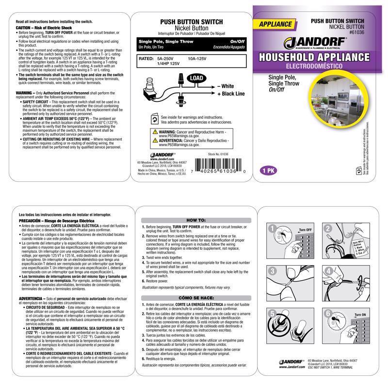 Jandorf 5 amps Single Pole Momentary/Normally On Appliance Switch White 1 pk