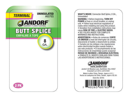 Jandorf 8 Ga. Uninsulated Wire Terminal Butt Splice Silver 2 pk