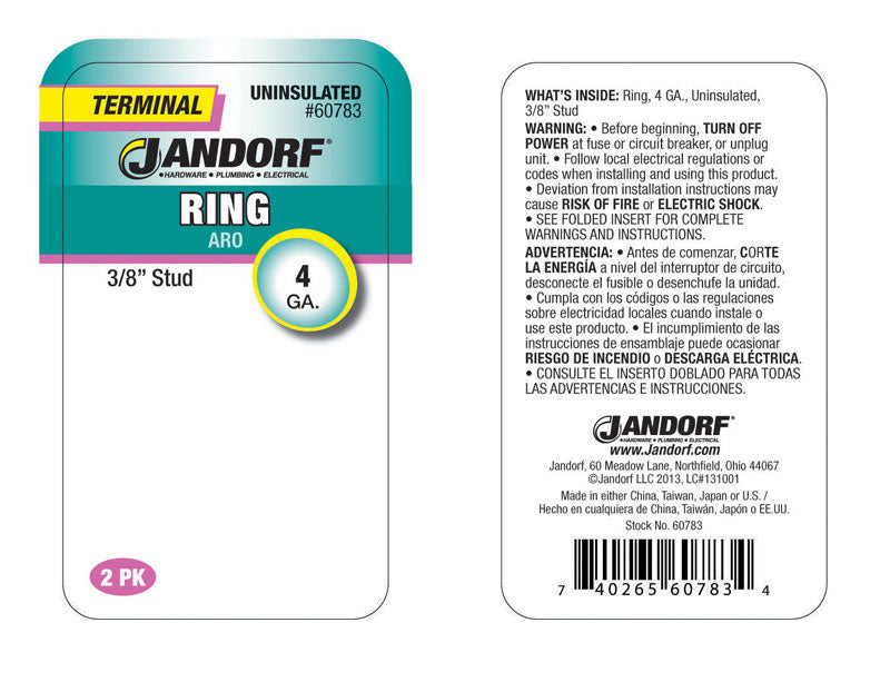 Jandorf 4 Ga. Uninsulated Wire Terminal Ring Silver 2 pk