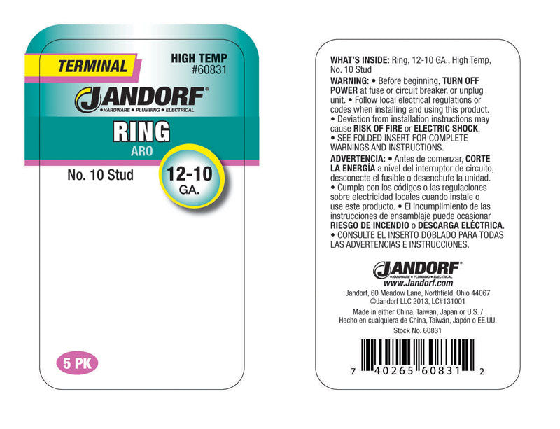 Jandorf 12-10 Ga. Insulated Wire Terminal Ring Silver 5 pk