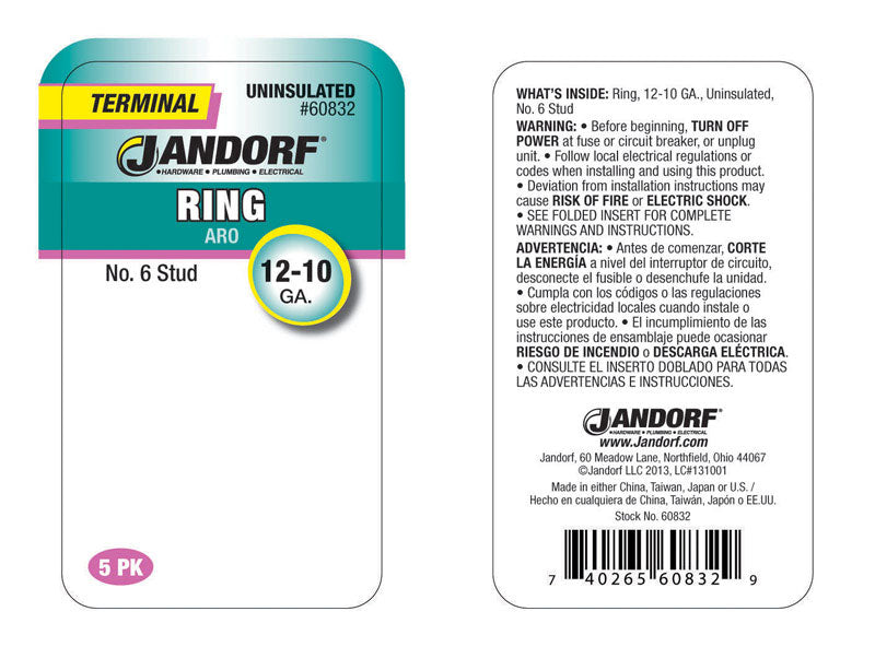 Jandorf 12-10 Ga. Uninsulated Wire Terminal Ring Silver 5 pk