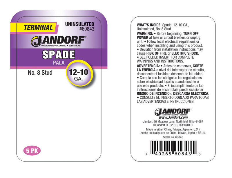 Jandorf 12-10 Ga. Uninsulated Wire Terminal Spade Silver 5 pk