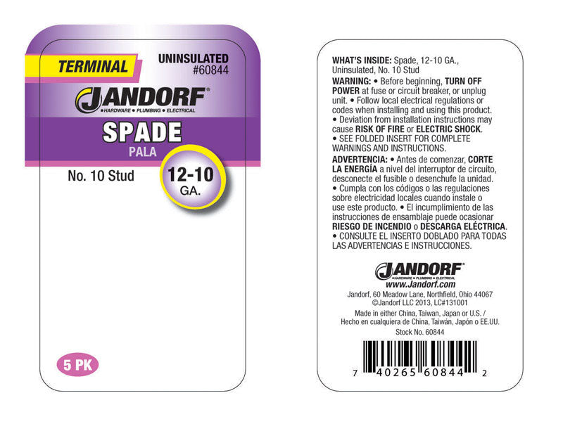 Jandorf 12-10 Ga. Uninsulated Wire Terminal Spade Silver 5 pk