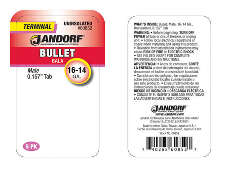 Jandorf 16-14 Ga. Uninsulated Wire Male Bullet Silver 5 pk