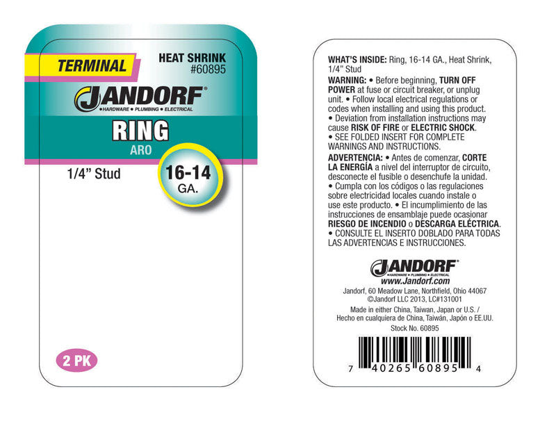 Jandorf 16-14 Ga. Insulated Wire Terminal Ring Green 2 pk